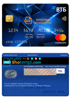 Russia VTB bank mastercard, fully editable template in PSD format