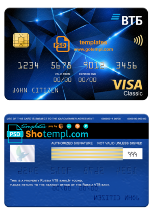 Russia VTB bank visa classic card, fully editable template in PSD format