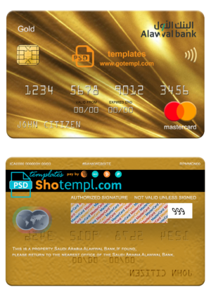 Saudi Arabia Alawwal Bank mastercard gold, fully editable template in PSD format
