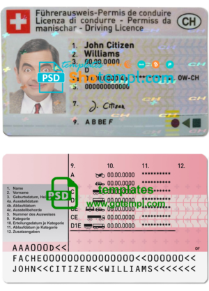 Switzerland driving license template in PSD format, fully editable