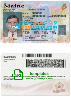 USA Maine state driving license template in PSD format, with all fonts (2019 – present)