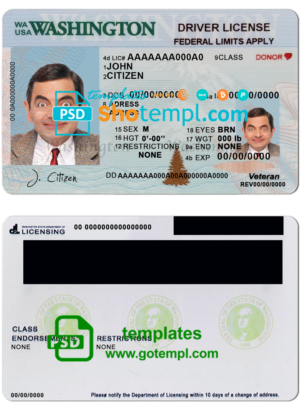 USA Washington driving license template in PSD format (2018 – present)