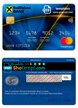 Slovakia Raiffeisen Bank mastercard, fully editable template in PSD format