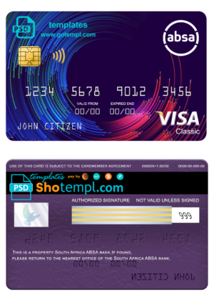 South Africa ABSA bank visa classic card, fully editable template in PSD format