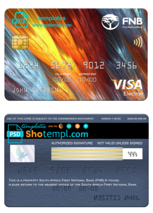 South Africa First National Bank visa electron card, fully editable template in PSD format