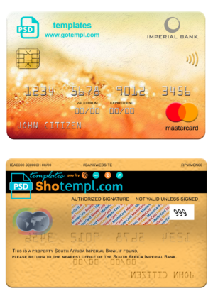South Africa Imperial Bank mastercard, fully editable template in PSD format
