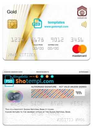 Sudan National Bank mastercard gold, fully editable template in PSD format
