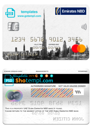 UAE Dubai Emirates NBD bank mastercard, fully editable template in PSD format