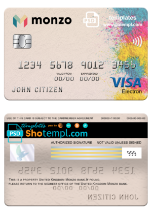 United Kingdom Monzo bank visa electron card, fully editable template in PSD format