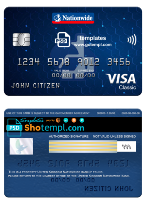 United Kingdom Nationwide bank visa classic card, fully editable template in PSD format