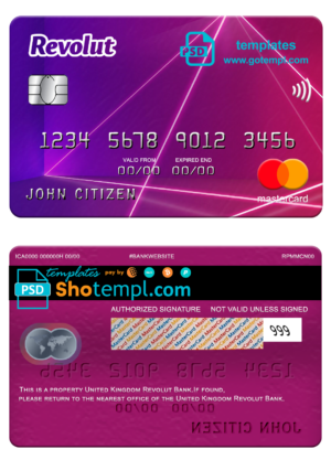 United Kingdom Revolut Bank mastercard, fully editable template in PSD format