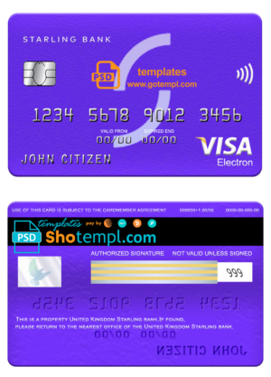 United Kingdom Starling bank visa electron card, fully editable template in PSD format