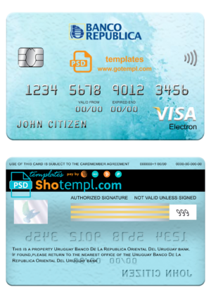 Uruguay Banco De La Republica Oriental Del Uruguay bank visa electron card, fully editable template in PSD format