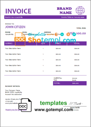 # purple stamp universal multipurpose invoice template in Word and PDF format, fully editable