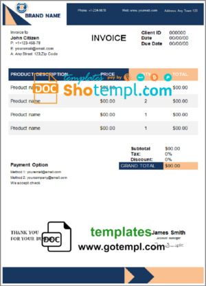 Scuba Diving School Invoice template in word and pdf format