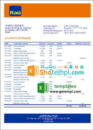 Brazil Itau bank statement template in Excel and PDF format, fully editable