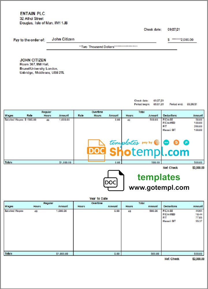 United Kingdom pay stub template in Word and PDF format, fully editable United Kingdom pay stub template in Word and PDF format, fully editable