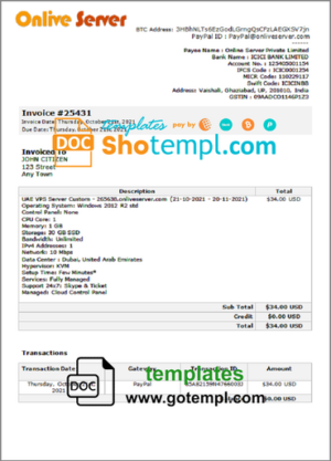 India Online Server company invoice template in Word and PDF format, fully editable