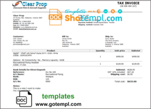 Australia Clear Prop Discount Pilot & Aircraft Supplies company invoice template in Word and PDF format, fully editable
