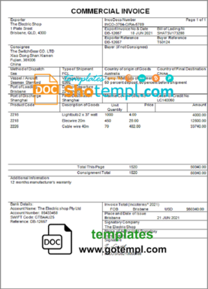Australia Commercial Invoice company invoice template in Word and PDF format, fully editable