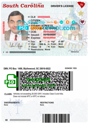USA South Carolina state driving license template in PSD format (2020 – present)