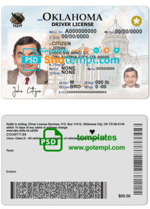 USA Oklahoma driving license template in PSD format, + editable PSD photo look (2020 – present)