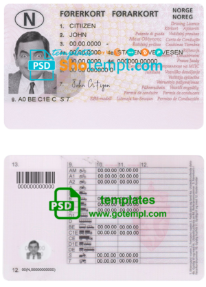 Norway driving license template, fully editable (2013 – present)