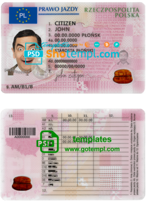 Poland driving license template in PSD format, fully editable, 2019 – present