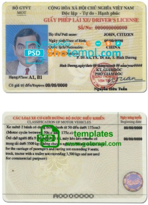 Vietnam driving license template in PSD format, fully editable