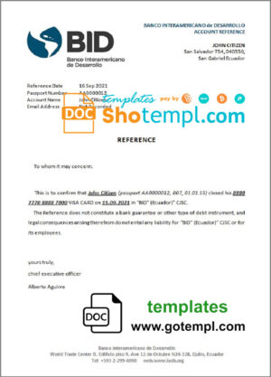 Ecuador Banco Interamericano de Desarrollo (BID) bank account closure reference letter template in Word and PDF format