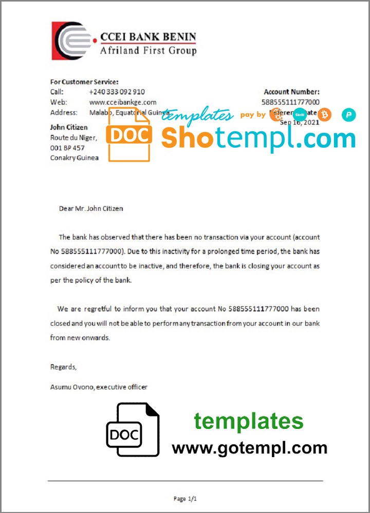 Equatorial Guinea CCEI Bank Benin bank account closure reference letter template in Word and PDF format Equatorial Guinea CCEI Bank Benin bank account closure reference letter template in Word and PDF format