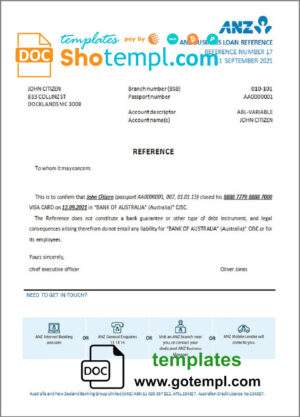 Australia ANZ bank account closure reference letter template in Word and PDF format