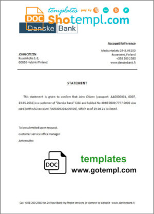 Finland Danske bank account closure reference letter template in Word and PDF format