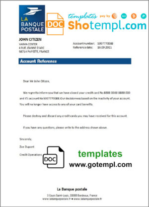 France La Banque Postale bank account closure reference letter template in Word and PDF format