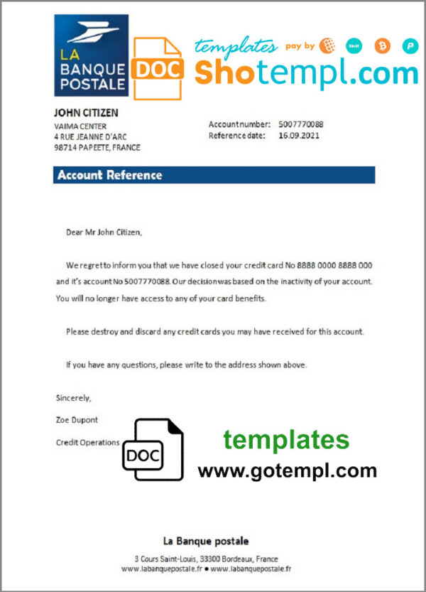 France La Banque Postale bank account closure reference letter template in Word and PDF format