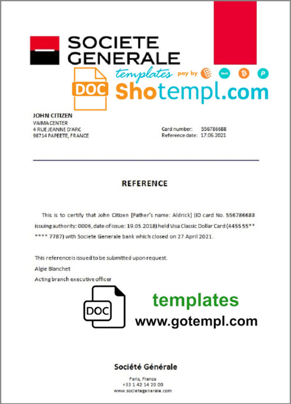France Société Générale bank account closure reference letter template in Word and PDF format