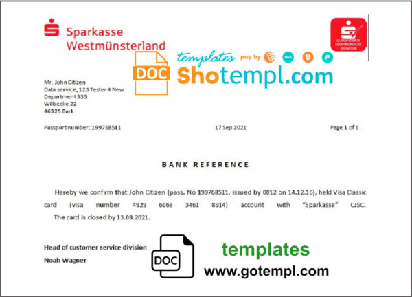 Germany Sparkasse bank account closure reference letter template in Word and PDF format
