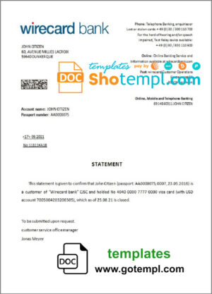 Germany Wirecard bank account closure reference letter template in Word and PDF format