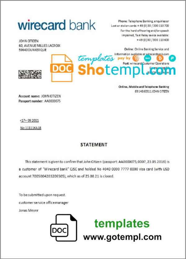 Germany Wirecard bank account closure reference letter template in Word and PDF format