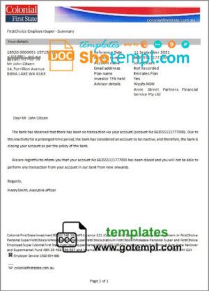 Australia Colonial First State bank account closure reference letter template in Word and PDF format