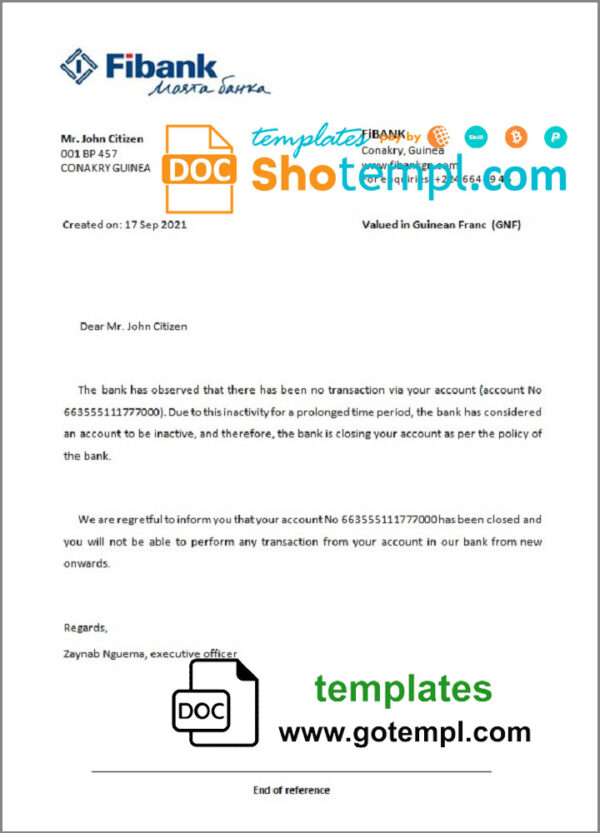 Guinea Fibank bank account closure reference letter template in Word and PDF format