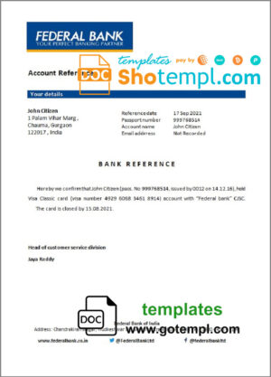 India Federal bank account closure reference letter template in Word and PDF format