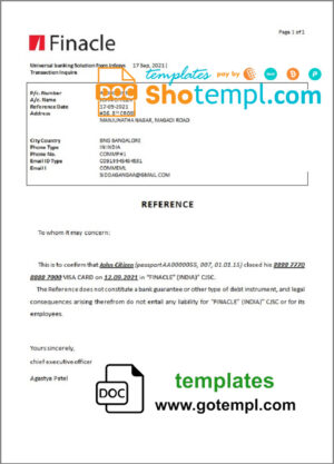India Finacle bank account closure reference letter template in Word and PDF format
