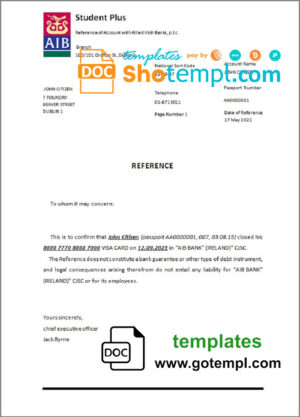 Ireland AIB bank account closure reference letter template in Word and PDF format