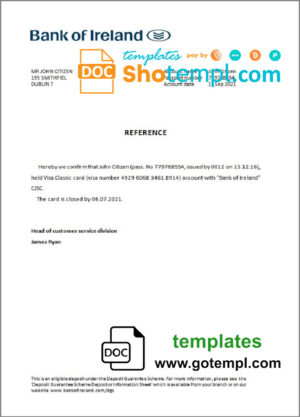 Ireland Bank of Ireland account closure reference letter template in Word and PDF format