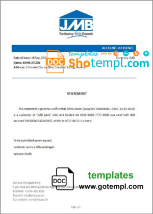 Jamaica Mortgage bank account closure reference letter template in Word and PDF format