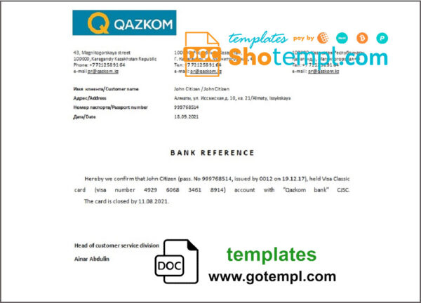 Kazakhstan Qazkom bank account closure reference letter template in Word and PDF format