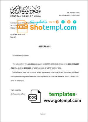 Libya Central Bank of Libya bank account closure reference letter template in Word and PDF format