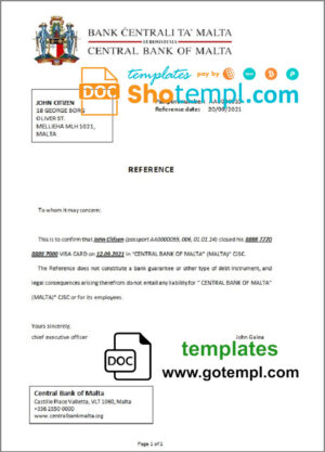 Malta Central Bank of Malta bank account closure reference letter template in Word and PDF format