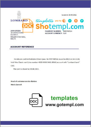 Malta Lombard bank account closure reference letter template in Word and PDF format